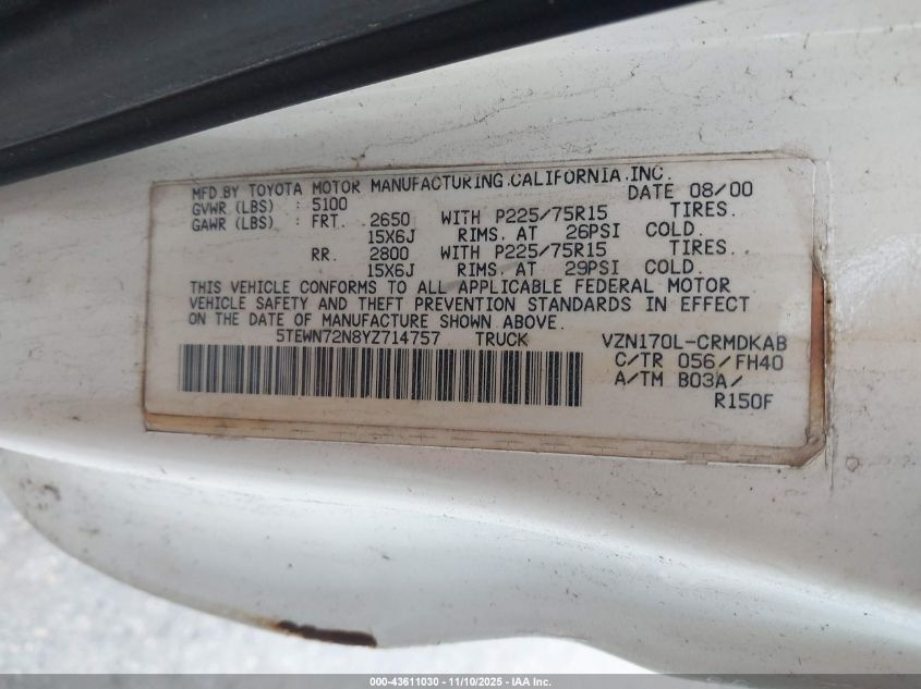 2000 Toyota Tacoma Base V6 VIN: 5TEWN72N8YZ714757 Lot: 43611030