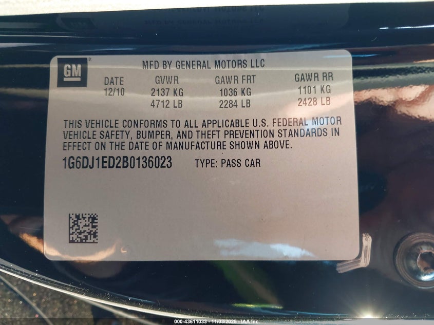 2011 Cadillac Cts Performance VIN: 1G6DJ1ED2B0136023 Lot: 43611033