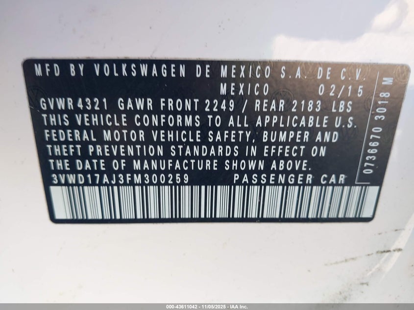 3VWD17AJ3FM300259 2015 VOLKSWAGEN JETTA photo no. 9