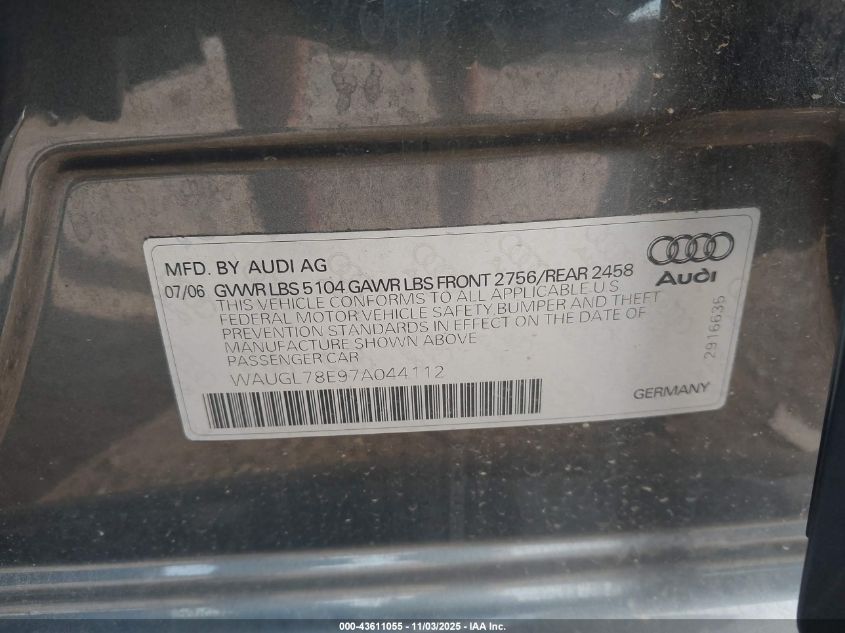 2007 Audi S4 4.2 VIN: WAUGL78E97A044112 Lot: 43611055