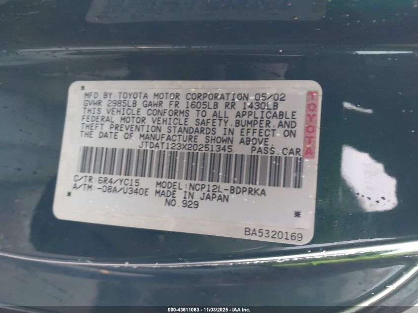 2002 Toyota Echo VIN: JTDAT123X20251345 Lot: 43611063