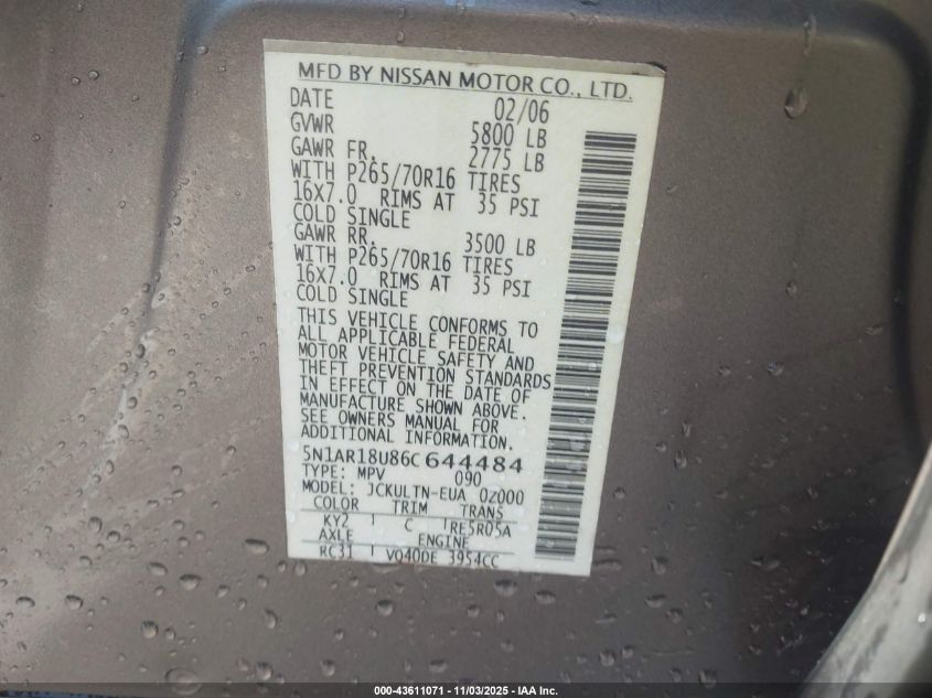 2006 Nissan Pathfinder Se VIN: 5N1AR18U86C644484 Lot: 43611071