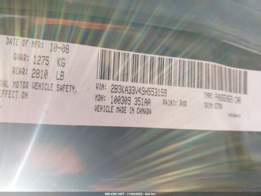 2009 Dodge Charger Sxt VIN: 2B3KA33V49H553159 Lot: 43611087