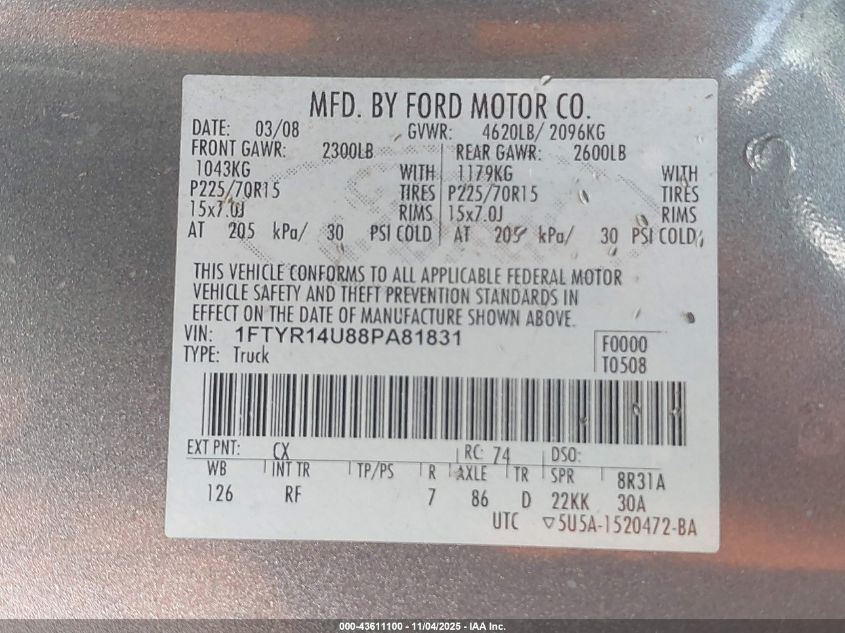 2008 Ford Ranger Sport/Xl/Xlt VIN: 1FTYR14U88PA81831 Lot: 43611100