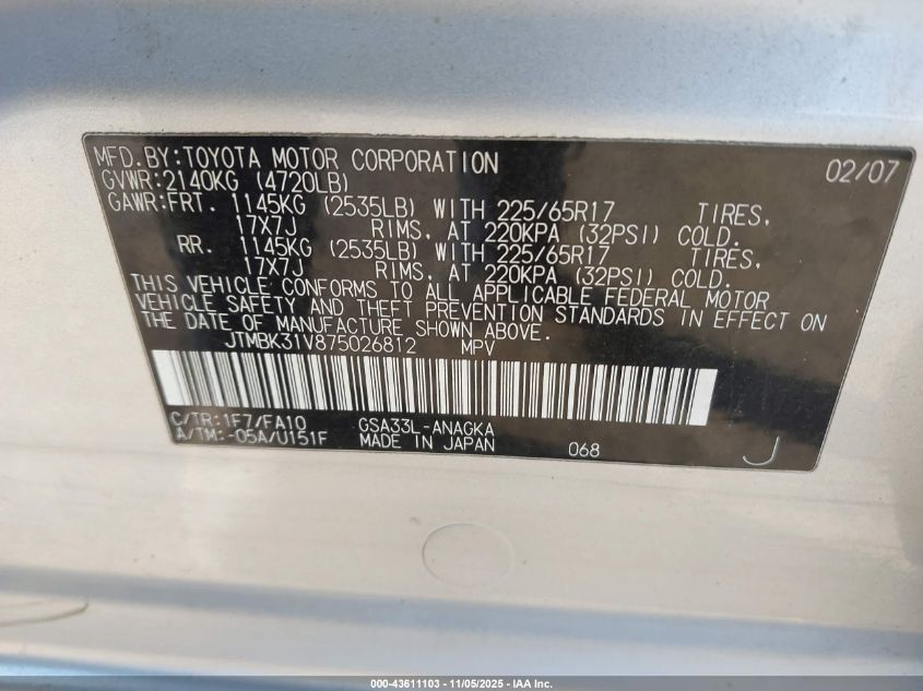 2007 Toyota Rav4 Limited V6 VIN: JTMBK31V875026812 Lot: 43611103