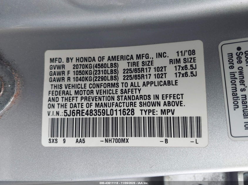2009 Honda Cr-V Lx VIN: 5J6RE48359L011628 Lot: 43611118