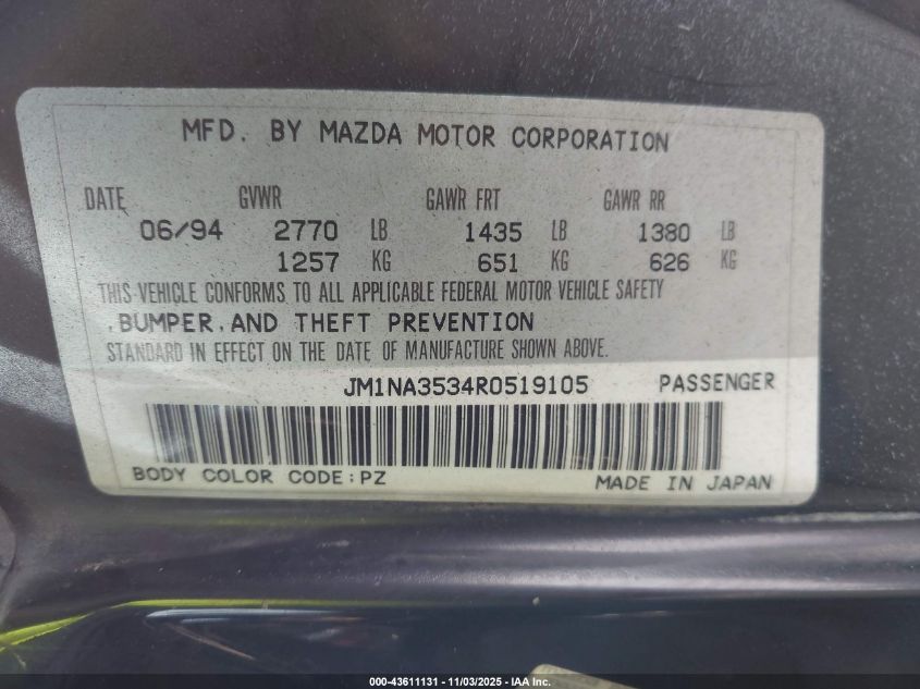 1994 Mazda Mx-5 Miata VIN: JM1NA3534R0519105 Lot: 43611131