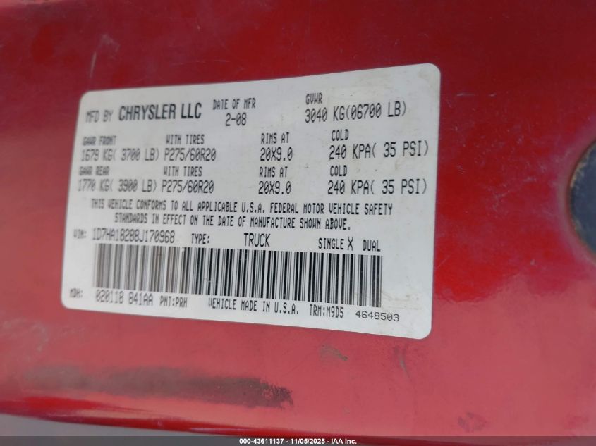 2008 Dodge Ram 1500 Slt VIN: 1D7HA18288J170968 Lot: 43611137