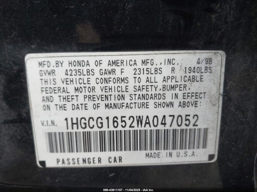 1998 Honda Accord Ex V6 VIN: 1HGCG1652WA047052 Lot: 43611157