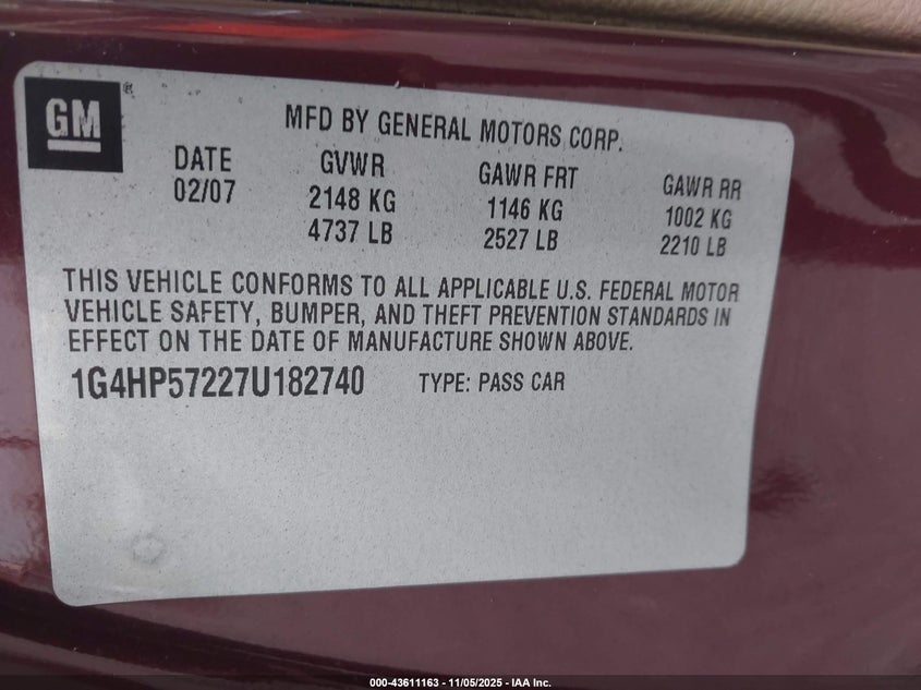 2007 Buick Lucerne Cx VIN: 1G4HP57227U182740 Lot: 43611163