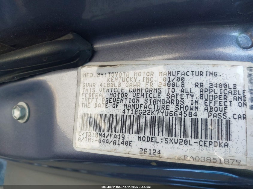 2000 Toyota Camry Ce VIN: 4T1BG22K7YU664584 Lot: 43611165