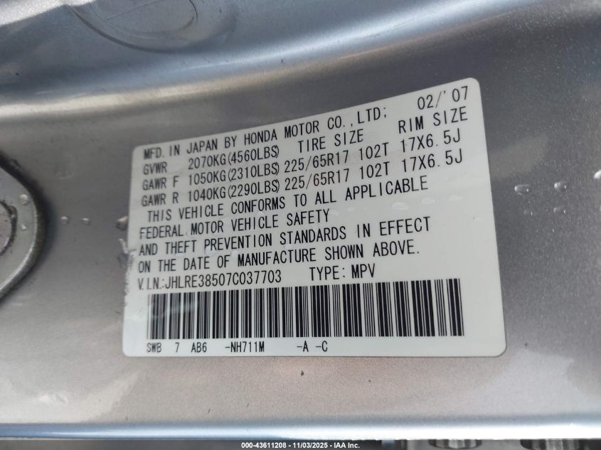2007 Honda Cr-V Ex VIN: JHLRE38507C037703 Lot: 43611208