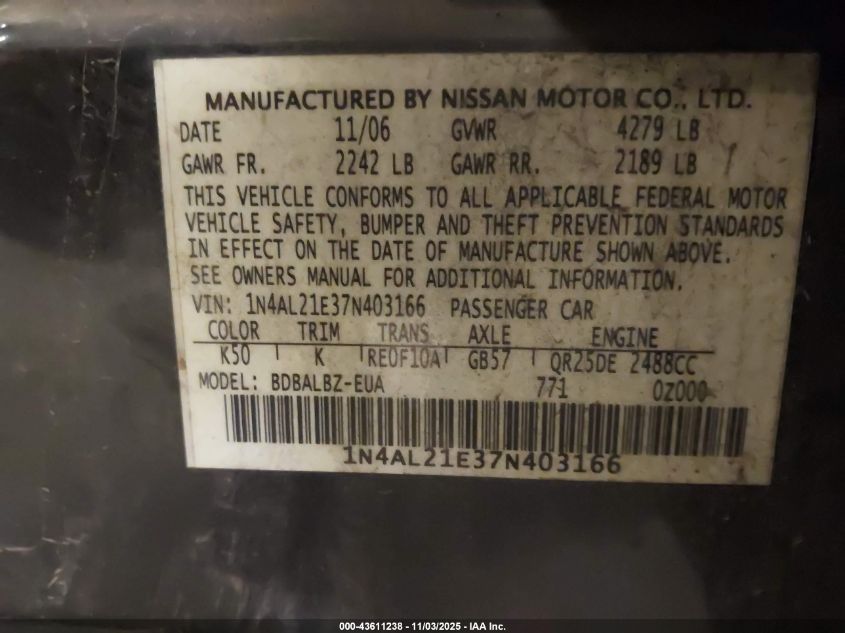2007 Nissan Altima 2.5 S VIN: 1N4AL21E37N403166 Lot: 43611238