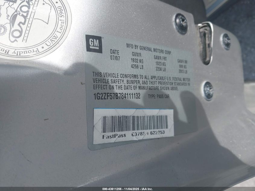 2008 Pontiac G6 Value Leader VIN: 1G2ZF57B784111132 Lot: 43611256