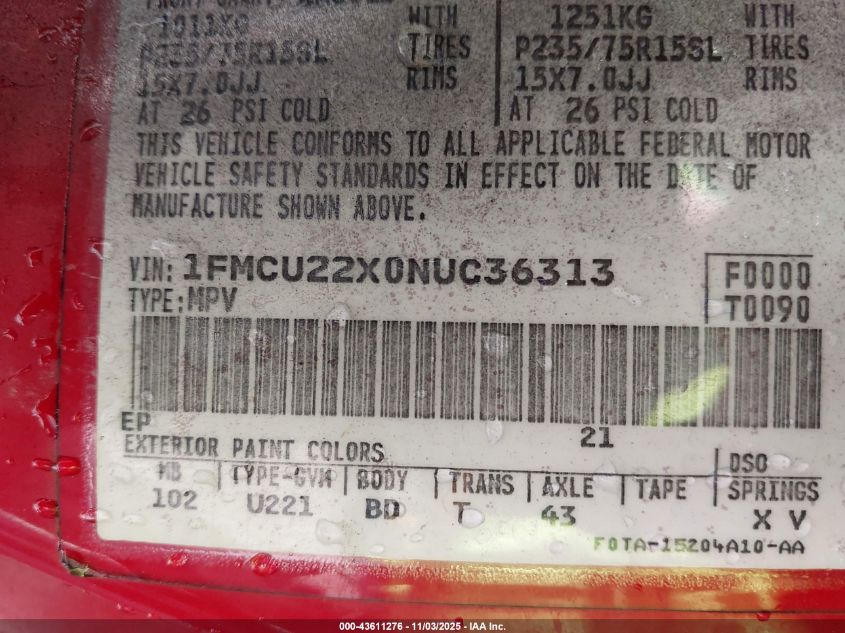 1992 Ford Explorer VIN: 1FMCU22X0NUC36313 Lot: 43611276