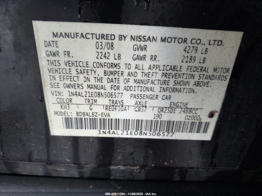 2008 Nissan Altima 2.5 S VIN: 1N4AL21E08N506577 Lot: 43611294