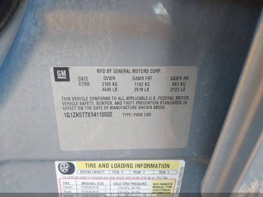 2009 Chevrolet Malibu Ltz VIN: 1G1ZK577X94116502 Lot: 43611297