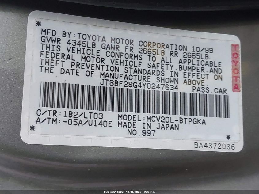 2000 Lexus Es 300 VIN: JT8BF28G4Y0247634 Lot: 43611302