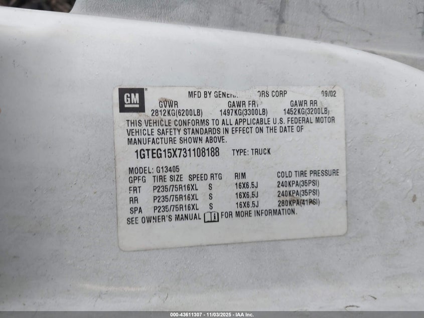 2003 GMC Savana Standard VIN: 1GTEG15X731108188 Lot: 43611307