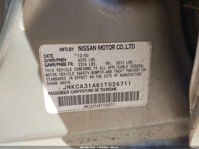 2001 Infiniti I30 Luxury VIN: JNKCA31A61T024711 Lot: 43611310