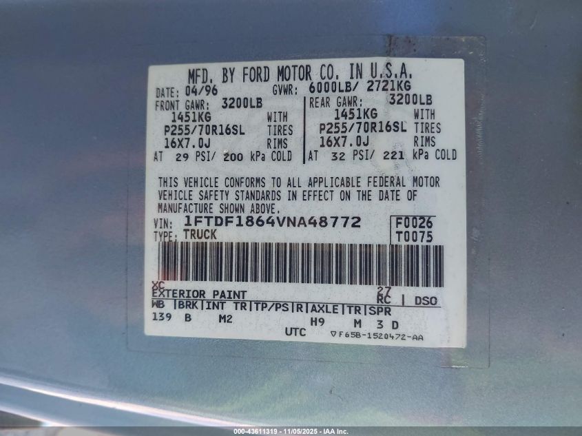 1997 Ford F-150 Lariat/Standard/Xl/Xlt VIN: 1FTDF1864VNA48772 Lot: 43611319