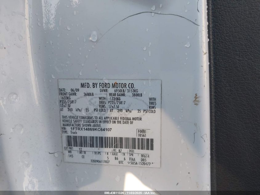 2009 Ford F-150 Stx/Xl/Xlt VIN: 1FTRX14869KC64107 Lot: 43611326