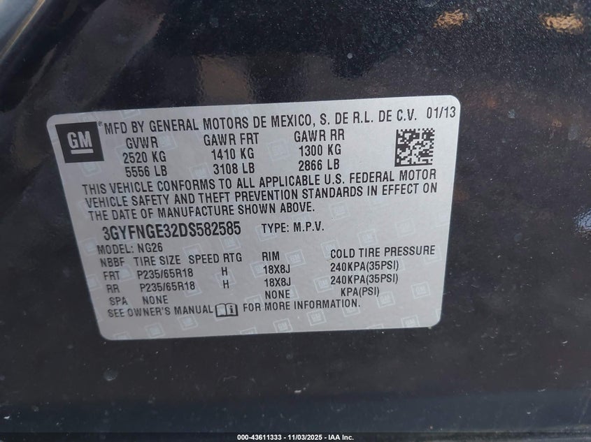 2013 Cadillac Srx Luxury Collection VIN: 3GYFNGE32DS582585 Lot: 43611333