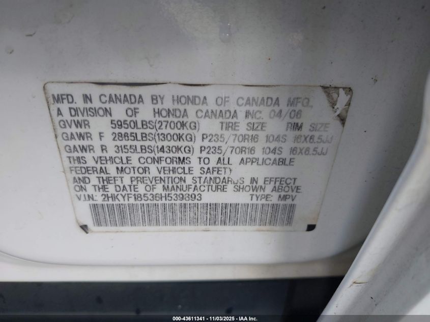 2006 Honda Pilot Ex-L VIN: 2HKYF18536H539893 Lot: 43611341