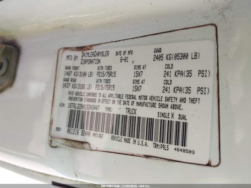 1B7GL22XX1S343447 2001 DODGE DAKOTA photo no. 9