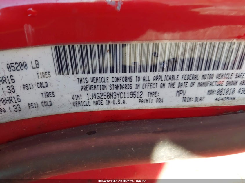 2000 Jeep Grand Cherokee Limited VIN: 1J4G258N3YC119512 Lot: 43611347