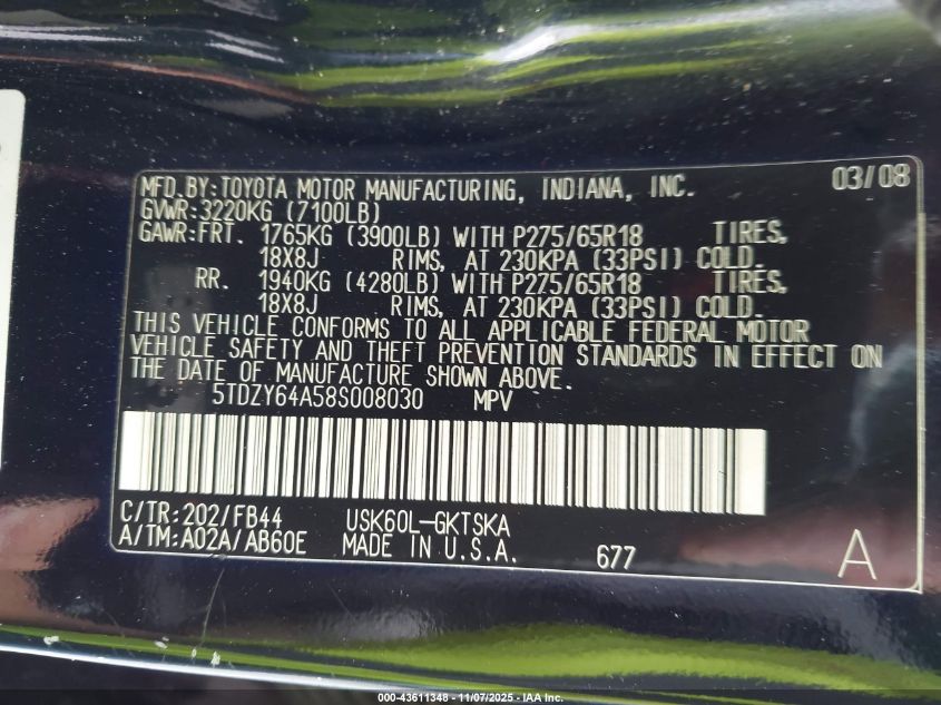 2008 Toyota Sequoia Sr5 5.7L V8 VIN: 5TDZY64A58S008030 Lot: 43611348