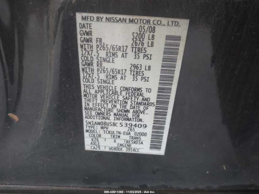 2008 Nissan Xterra Se VIN: 5N1AN08U58C539409 Lot: 43611360