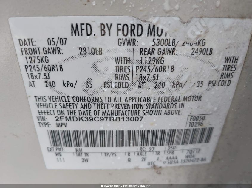 2007 Ford Edge Sel Plus VIN: 2FMDK39C97BB13007 Lot: 43611368