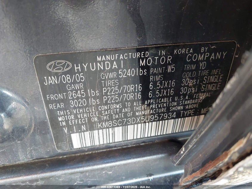KM8SC73DX5U957934 2005 HYUNDAI SANTA FE photo no. 9