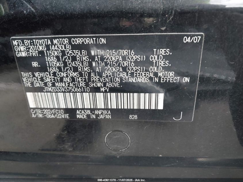 2007 Toyota Rav4 VIN: JTMZD33V375066110 Lot: 43611378