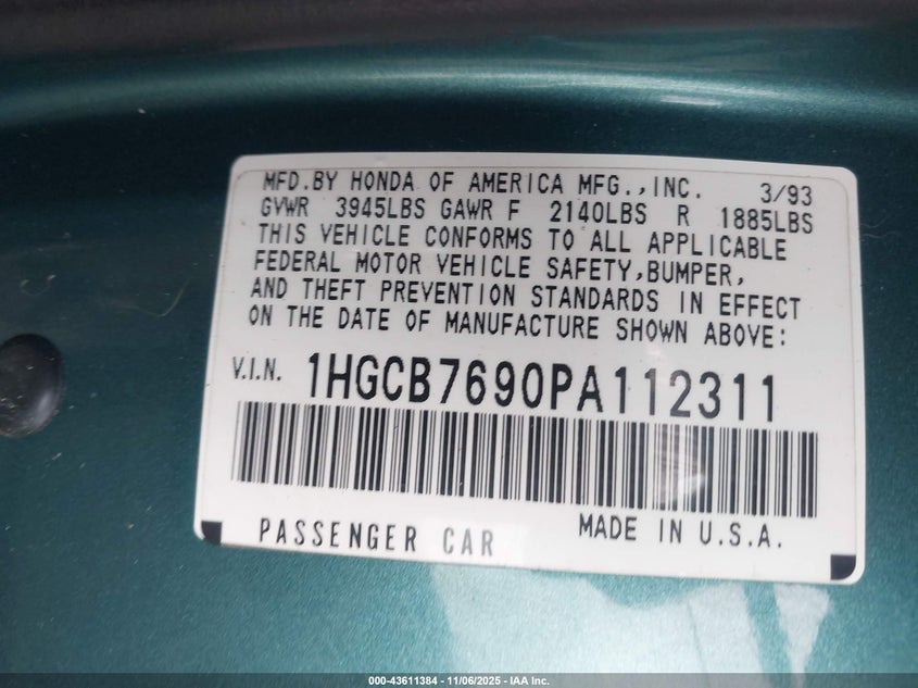 1HGCB7690PA112311 1993 HONDA ACCORD photo no. 9