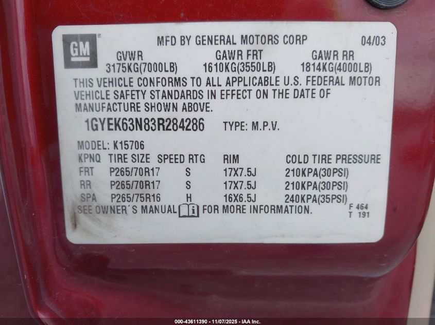 2003 Cadillac Escalade Standard VIN: 1GYEK63N83R284286 Lot: 43611390