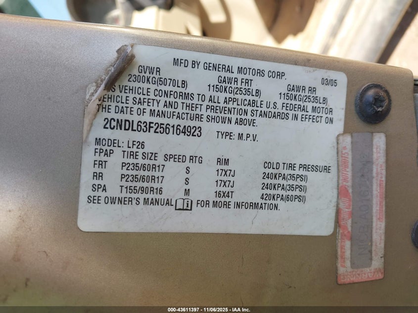 2005 Chevrolet Equinox Lt VIN: 2CNDL63F256164923 Lot: 43611397