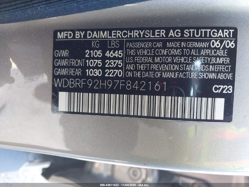 2007 Mercedes-Benz C 280 Luxury 4Matic VIN: WDBRF92H97F842161 Lot: 43611422