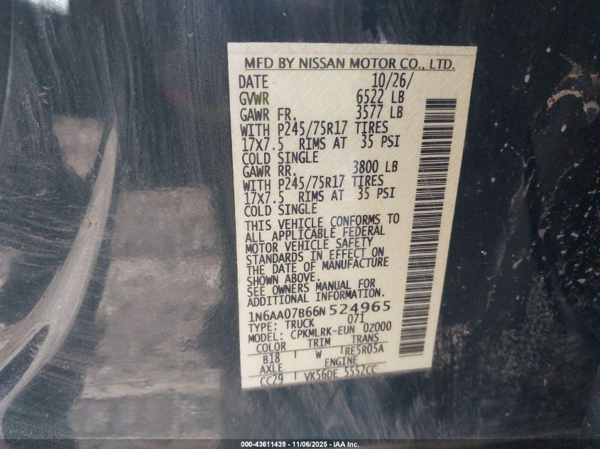 2006 Nissan Titan Xe VIN: 1N6AA07B66N524965 Lot: 43611439