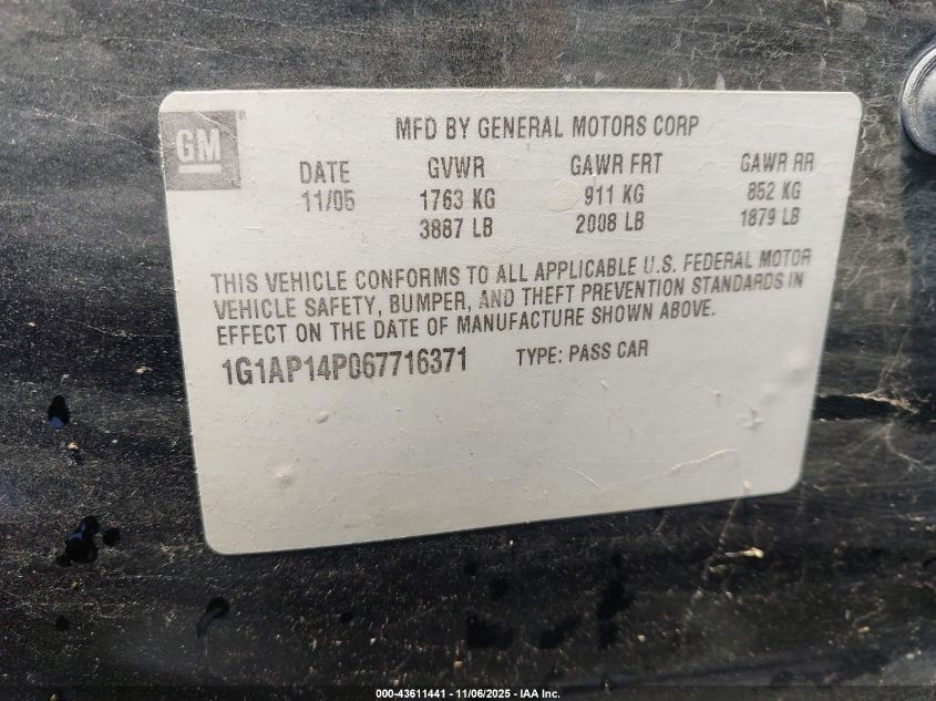 2006 Chevrolet Cobalt Ss Supercharged VIN: 1G1AP14P067716371 Lot: 43611441