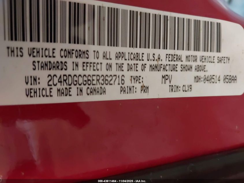 2014 Dodge Grand Caravan Sxt 30Th Anniversary VIN: 2C4RDGCG6ER362716 Lot: 43611464