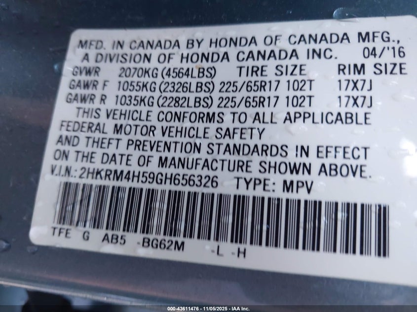 2016 HONDA CR-V EX - 2HKRM4H59GH656326