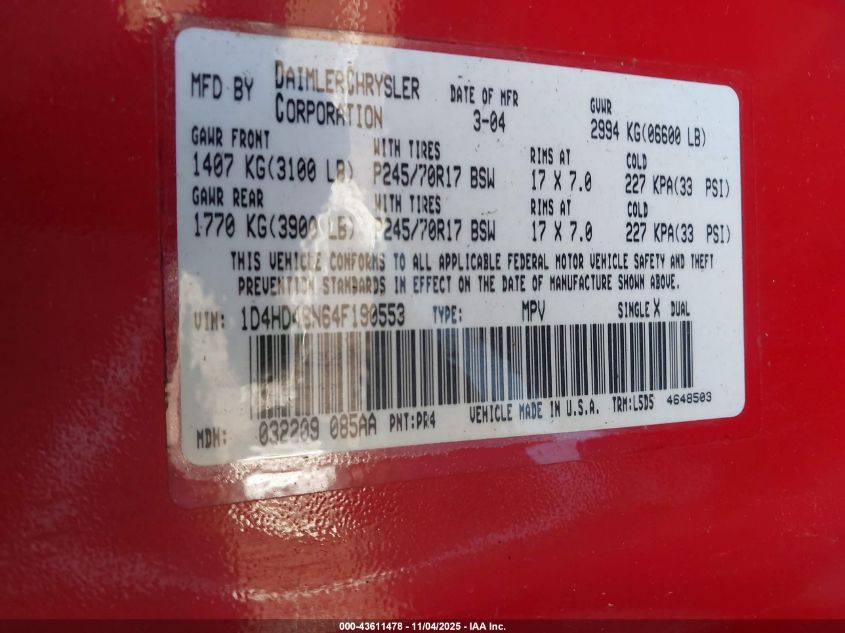 2004 Dodge Durango Slt VIN: 1D4HD48N64F190553 Lot: 43611478