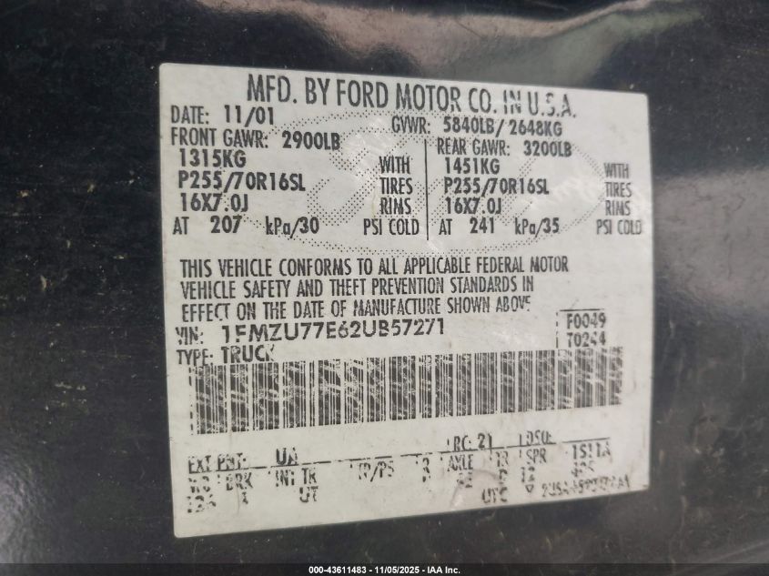 2002 Ford Explorer Sport Trac VIN: 1FMZU77E62UB57271 Lot: 43611483