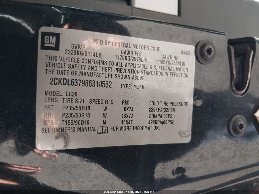 2008 Pontiac Torrent Gxp VIN: 2CKDL637986310552 Lot: 43611485