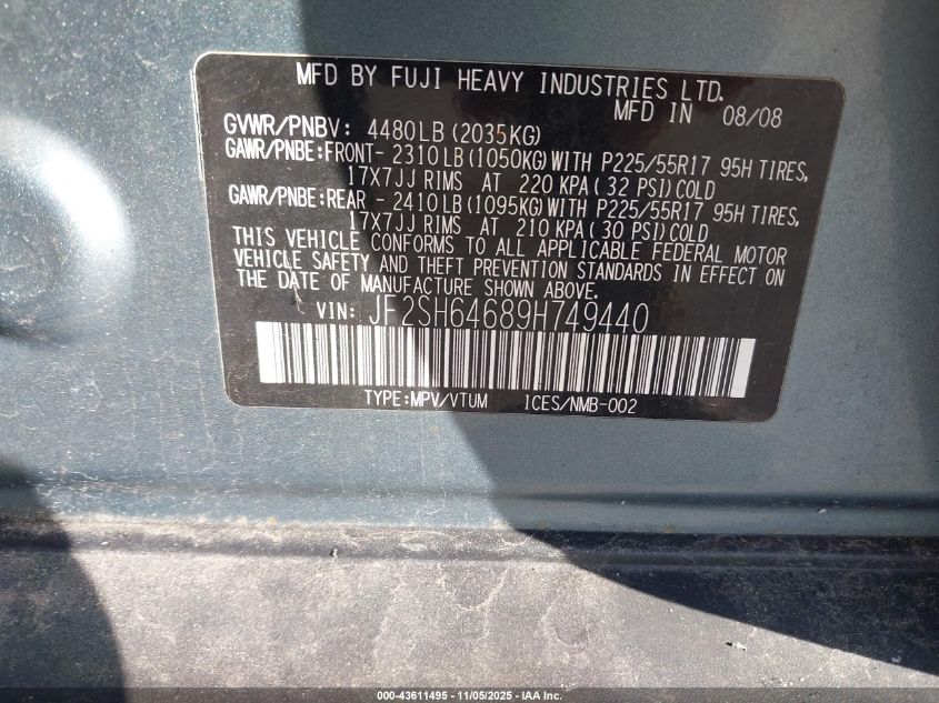 2009 Subaru Forester 2.5X Limited VIN: JF2SH64689H749440 Lot: 43611495