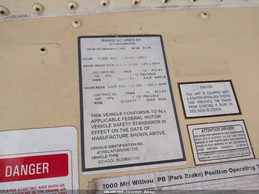 2005 Ic Corporation 3000 VIN: 4DRBUAFN95A981335 Lot: 43611509