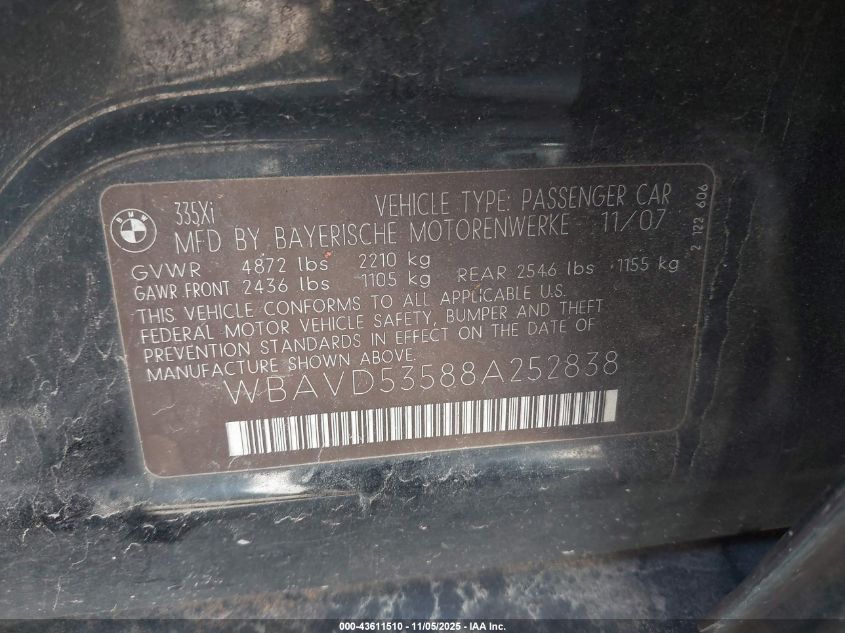 2008 BMW 335Xi VIN: WBAVD53588A252838 Lot: 43611510