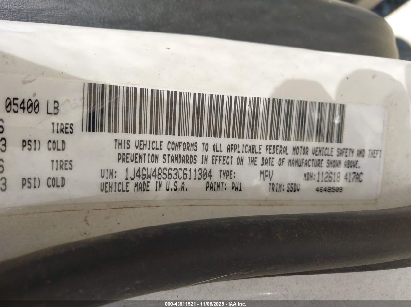 2003 Jeep Grand Cherokee Laredo VIN: 1J4GW48S63C611304 Lot: 43611521